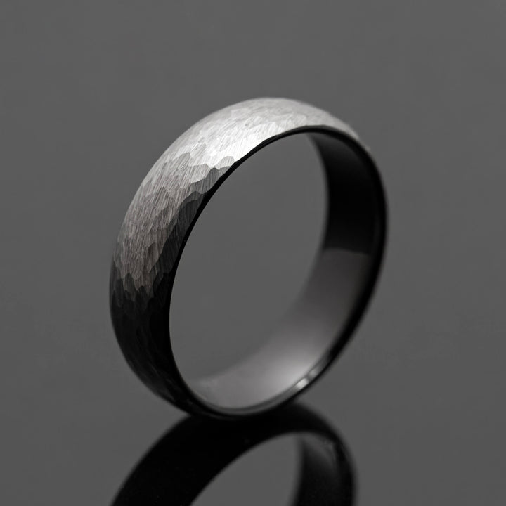 Silver Hammered Black Tungsten Wedding Ring Set | His and Hers | 2mm/6mm Widths