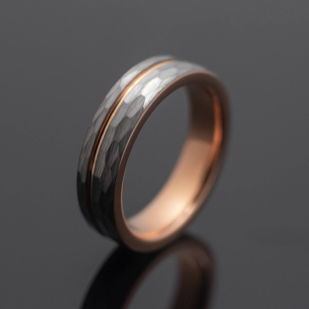 Silver Hammered Rose Gold Strip Inlay Tungsten Wedding Band - in 6mm Width