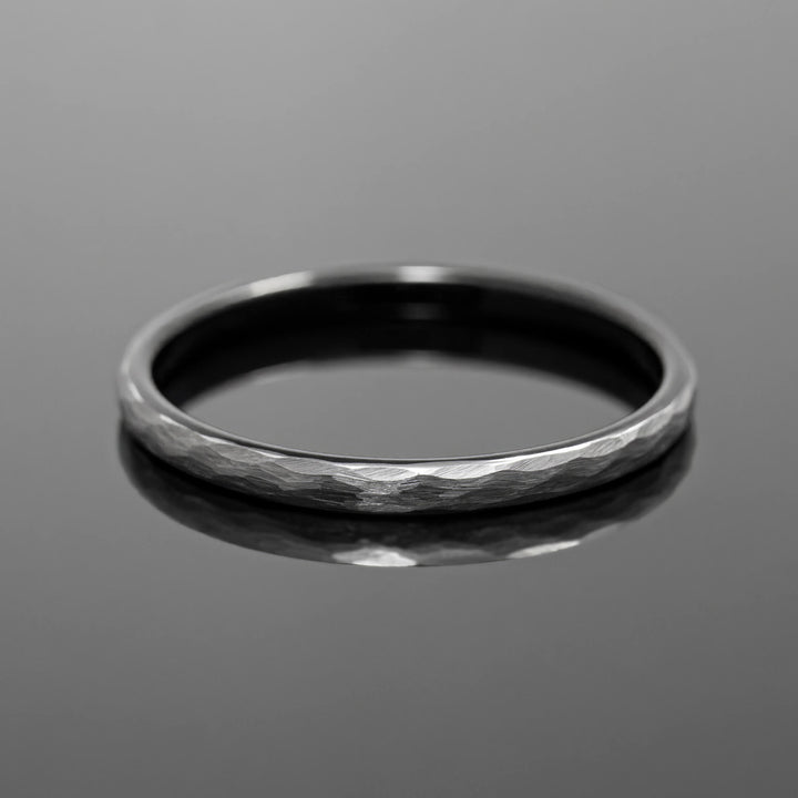 Silver Hammered Black Tungsten Wedding Ring Set | His and Hers | 2mm/6mm Widths