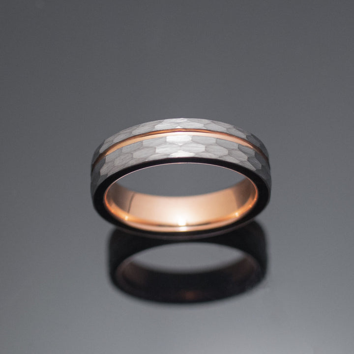 Silver Hammered Rose Gold Strip Inlay Tungsten Wedding Band - in 6mm Width