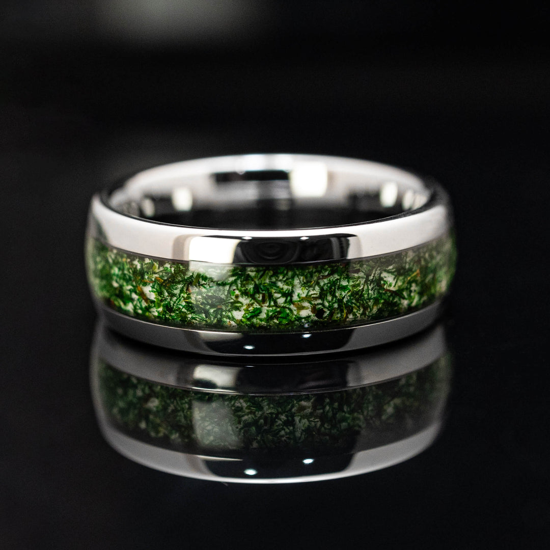Moss Agate Silver Tungsten Wedding Ring - in 8mm Width