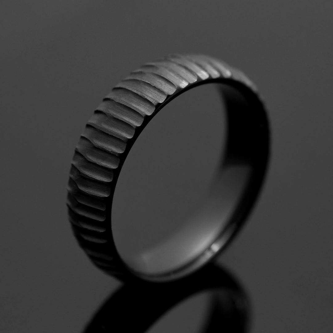 Black Obsidian Hammered Ridge Tungsten Wedding Band Ring - in 6mm Width