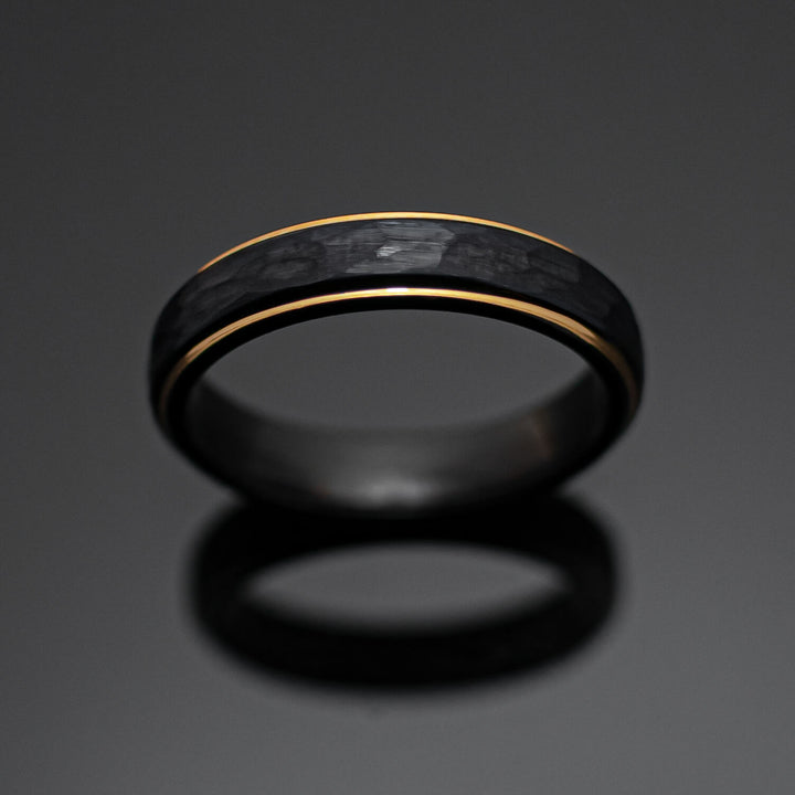 Black Obsidian Hammered Gold Tungsten Carbide Ring - in 5mm Width