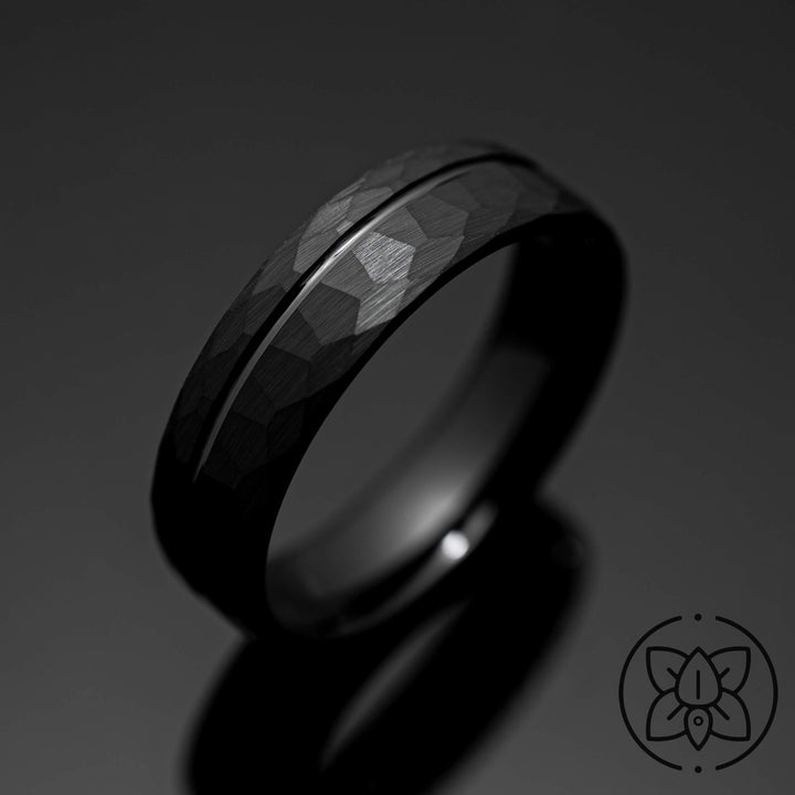 Black Hammered Strip Wedding Ring - in 6mm Width