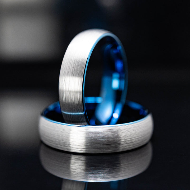 Silver Brushed Tungsten Wedding Ring with Blue inlay - in 6mm Width
