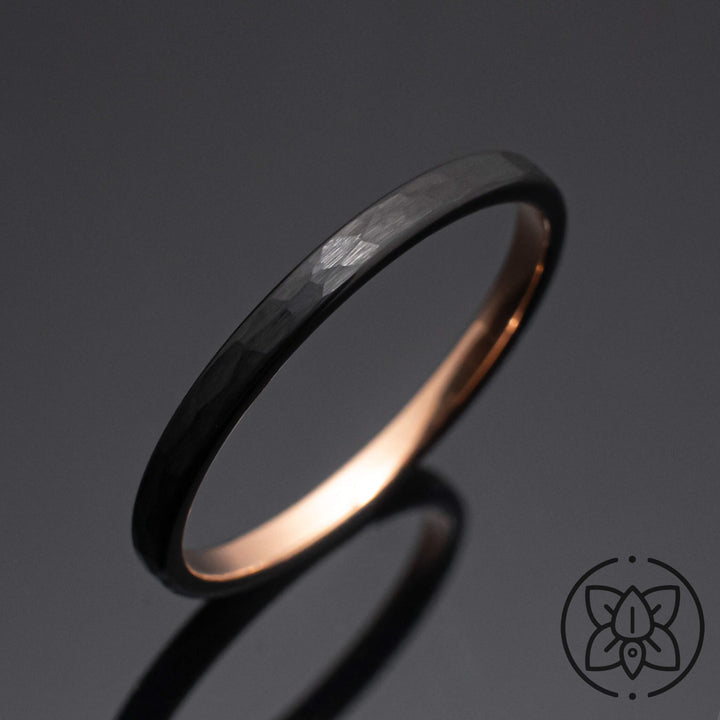 Black Obsidian Rose Gold Hammered Tungsten Ring - in 2mm Width