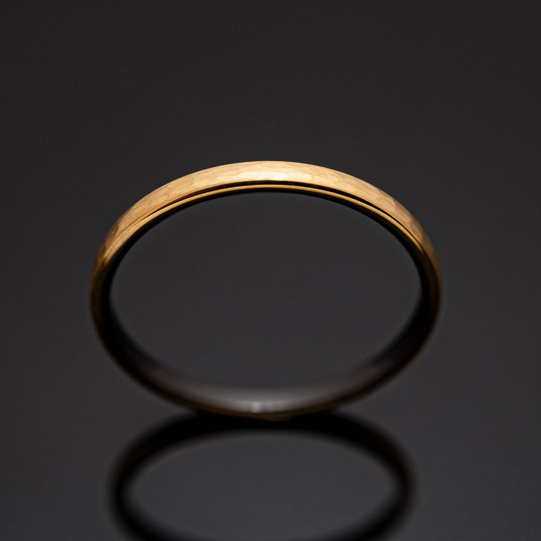 Hammered Brushed Yellow Gold Tungsten Band with Black inlay - in 2mm Width