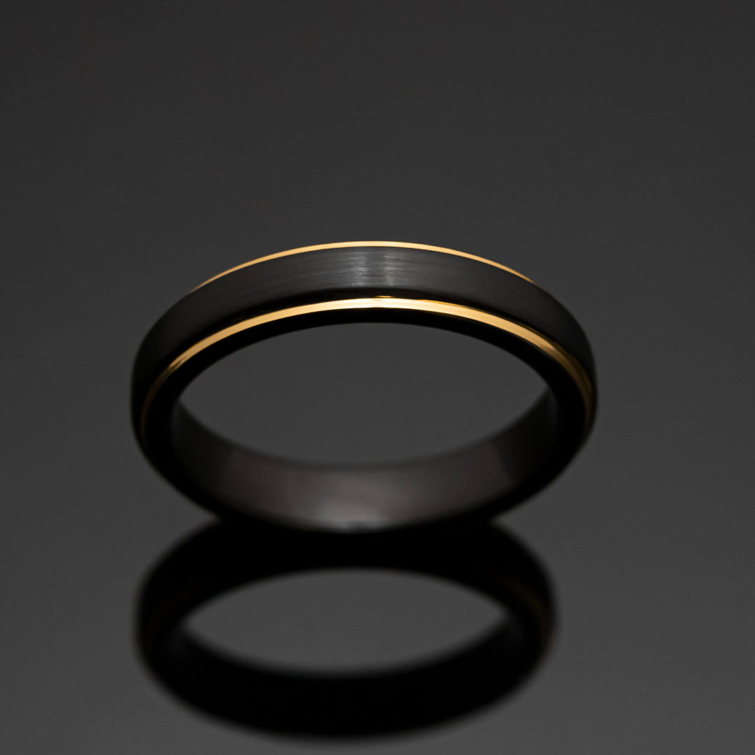 Black 4mm Obsidian Gold Tungsten Carbide Ring, Black Wedding Bands for her, 4mm width ring, Wedding Ring Gift