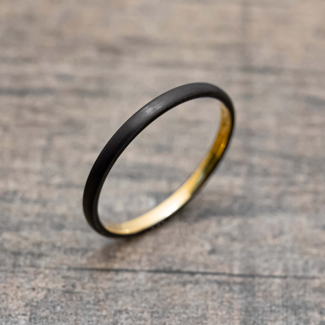 Black Obsidian Brushed Tungsten Ring with gold inlay - in 2mm Width