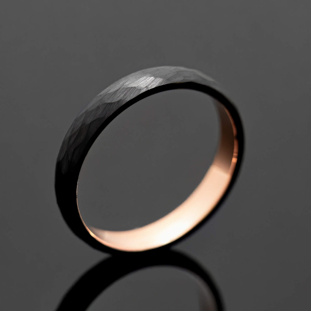 Black Rose Gold Hammered Obsidian-Style Wedding Band Set | His and Hers | 4mm/8mm Bands