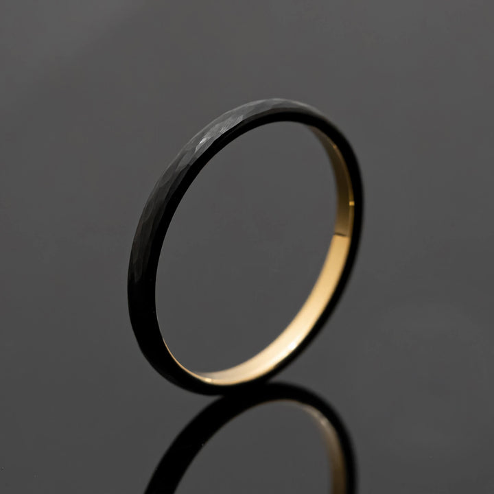 Black Obsidian Gold Hammered Tungsten Ring - in 2mm Width