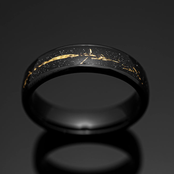 Black Gold Leaf Inlay, Obsidian-Style Tungsten Wedding Band - in 6mm Width