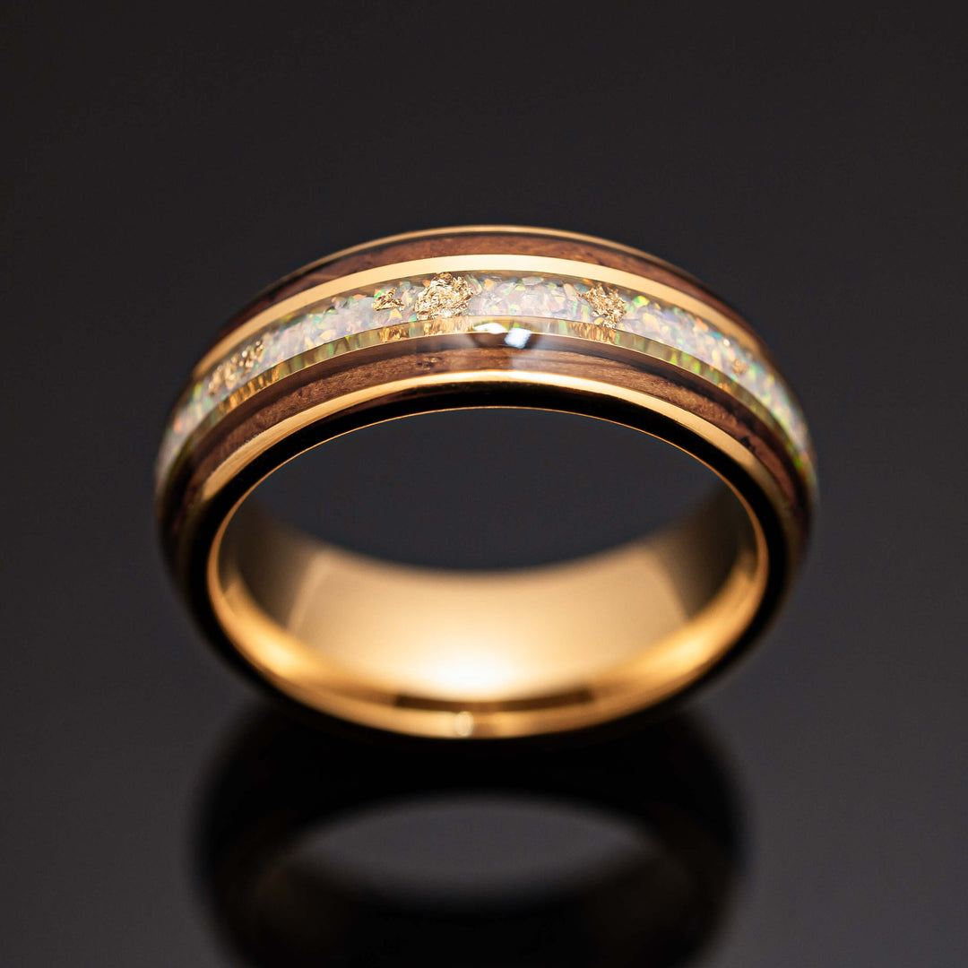 18k Gold Leaf White Opal Whiskey Barrel Tungsten Wedding Ring - in 8mm Width