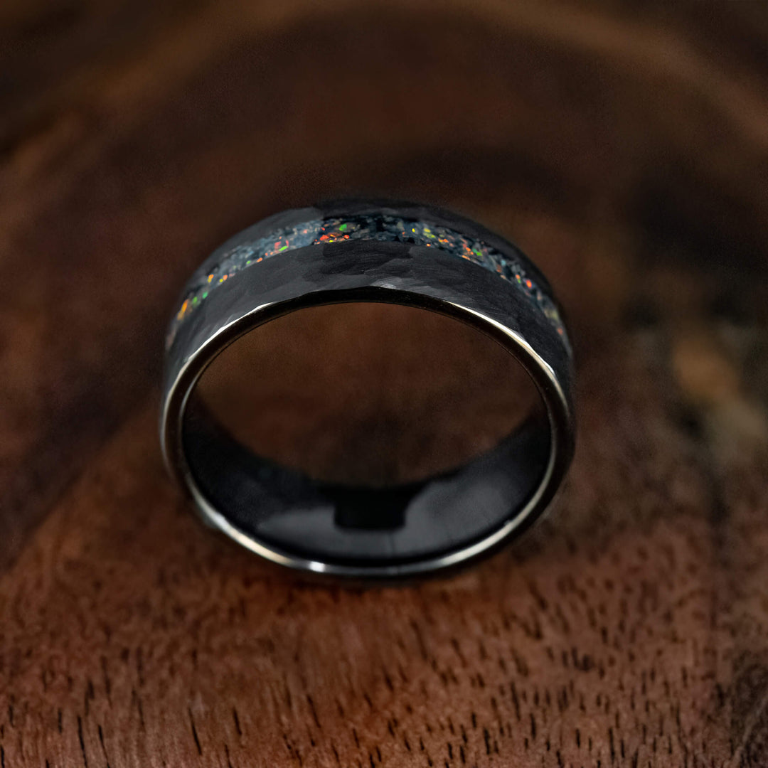 Black Hammered Obsidian-style Bello Opal Wedding Ring - in 8mm Width