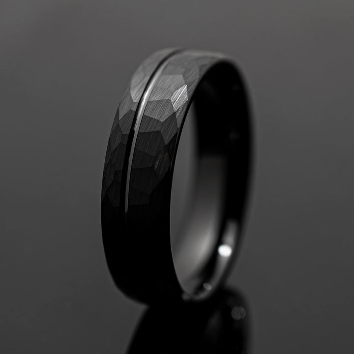 Black Hammered Strip Wedding Ring - in 6mm Width