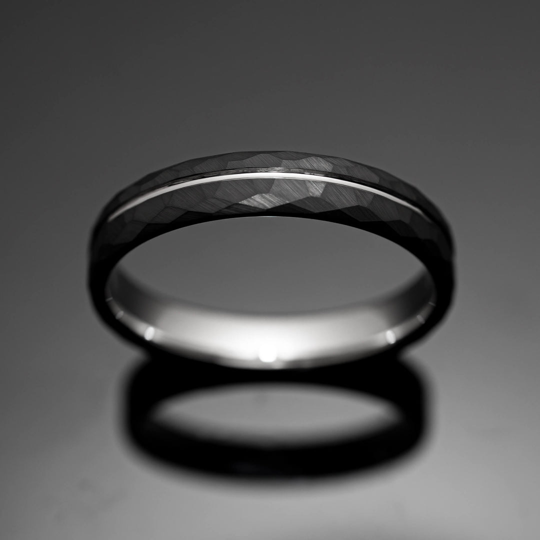Black Hammered Silver Obsidian Tungsten Wedding Band - in 4mm Width