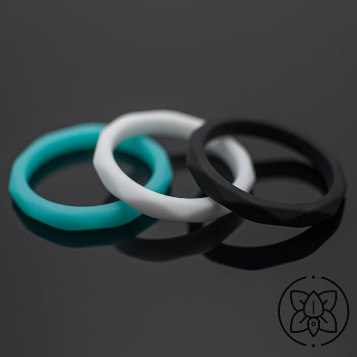 Women Silicone Wedding Bands | 3 Rubber Ring Set | White/Black/Turquoise