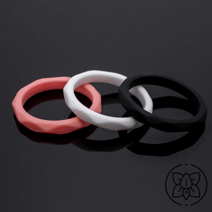 Women Silicone Wedding Bands | 3 Rubber Ring Set | White/Black/Coral