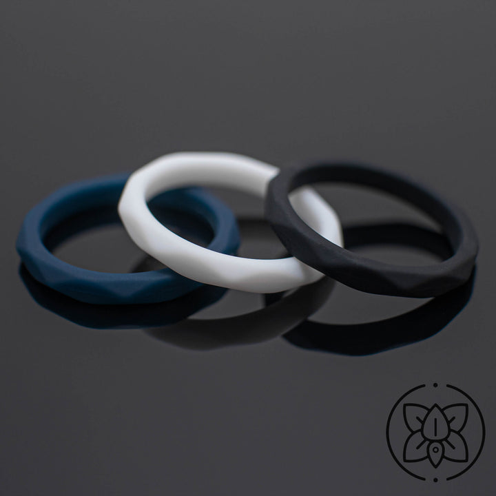 Women Silicone Wedding Bands | 3 Rubber Ring Set | White/Black/Dark Blue