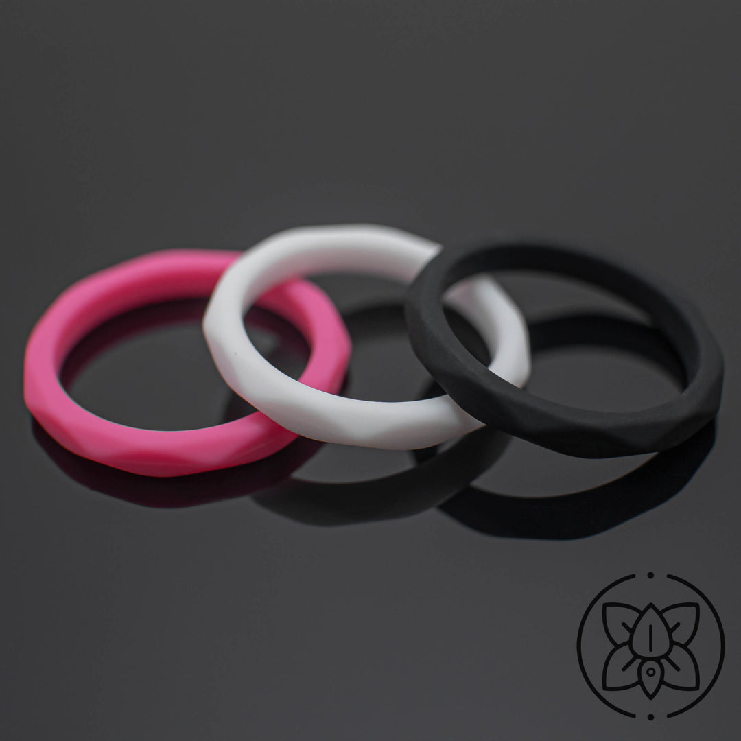 Women Silicone Wedding Bands | 3 Rubber Ring Set | White/Black/Fuchsia