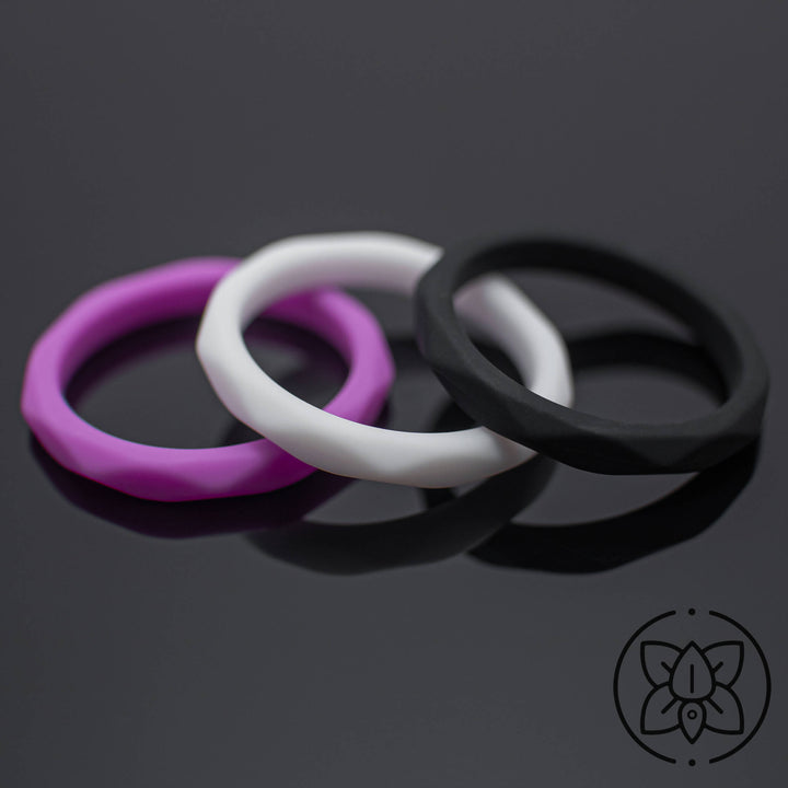 Women Silicone Wedding Bands | 3 Rubber Ring Set | White/Black/Purple